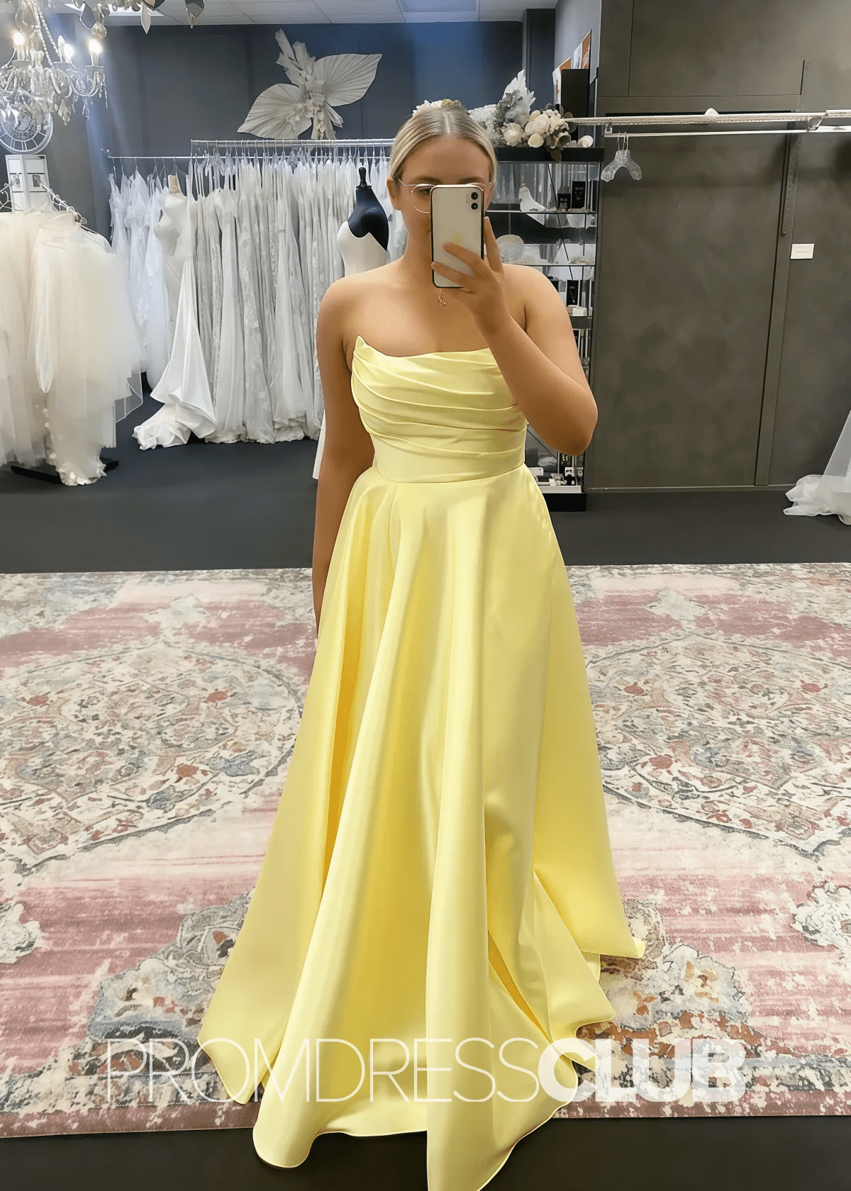 Odelia |Long Hot Pink Prom Dresses Shops With A Line Strapless Satin Long Formal Gown - Yellow - PromDressClub