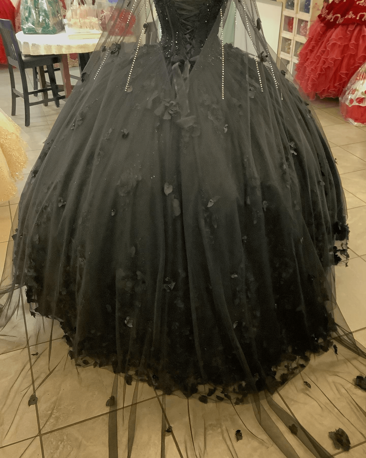 Sheila |Off the Shoulder Ball Gown Black Quince Dresses with Flowers Beaded - Black - US0 - PromDressClub