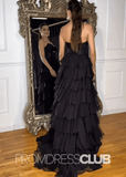 Olga |Black Long Prom Dresses Store With A - Line Strapless Tiered Chiffon V - Neck Layered - Black - PromDressClub