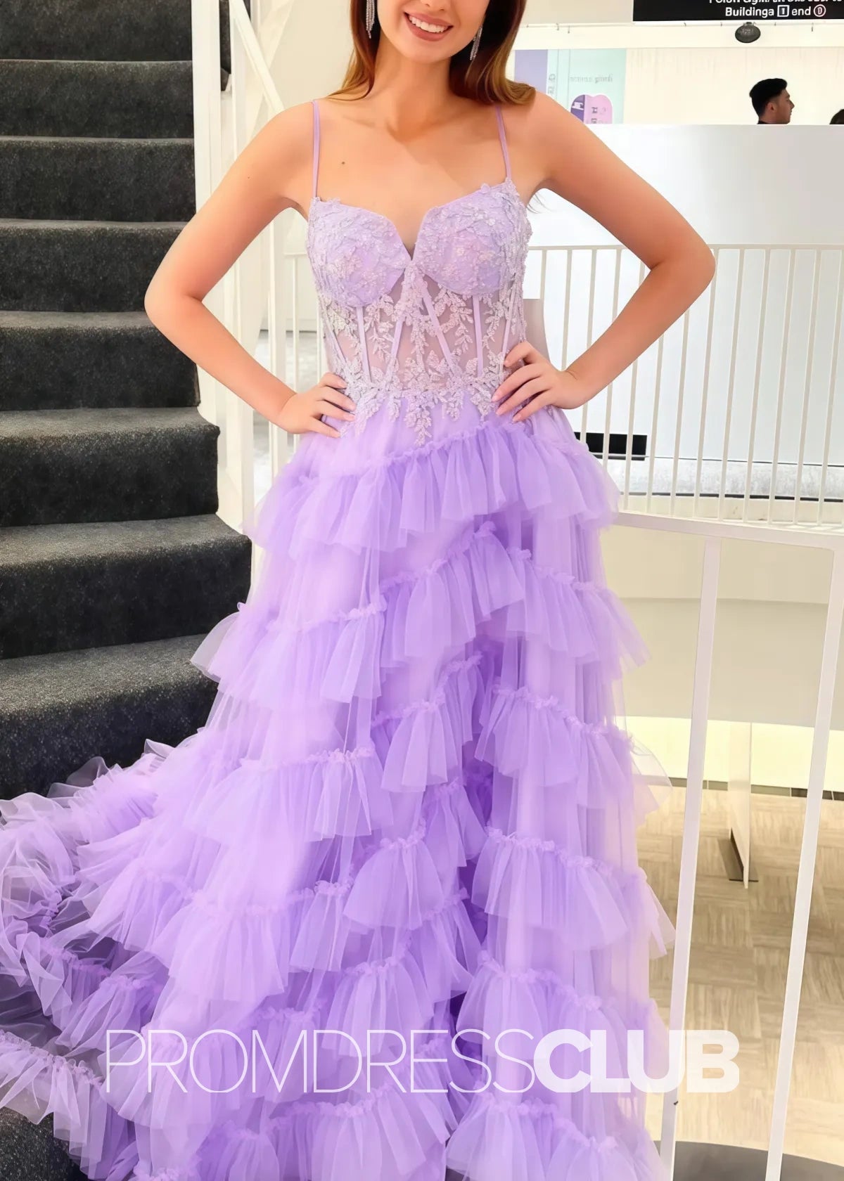 Olive |Long Lilac Prom Dresses Shops With A - Line Tiered Layered Tulle Spaghetti Straps V - Neck - Lilac - PromDressClub