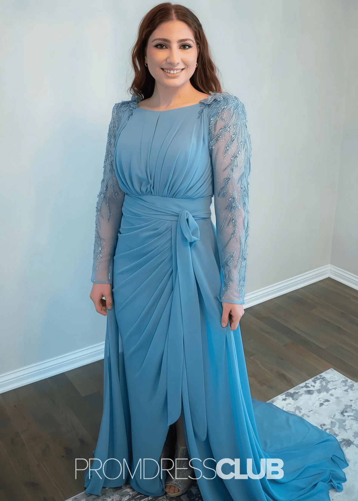 Ophelia | A Line Dusty Blue Chiffon Maxi Bridesmaid Dress - Dusty Blue - PROMDRESS Club