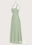 Pamela | A - Line Halter Sage Green Chiffon Long Bridesmaid Dresses - Sage - PROMDRESS Club