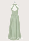 Pamela | A - Line Halter Sage Green Chiffon Long Bridesmaid Dresses - Sage - PROMDRESS Club