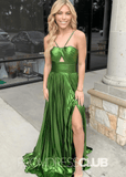 Pearl |Long Sparkly Green Metallic Prom Dresses Websites With A Line Halter Neck Pleated Keyhole Slit - Green - PromDressClub