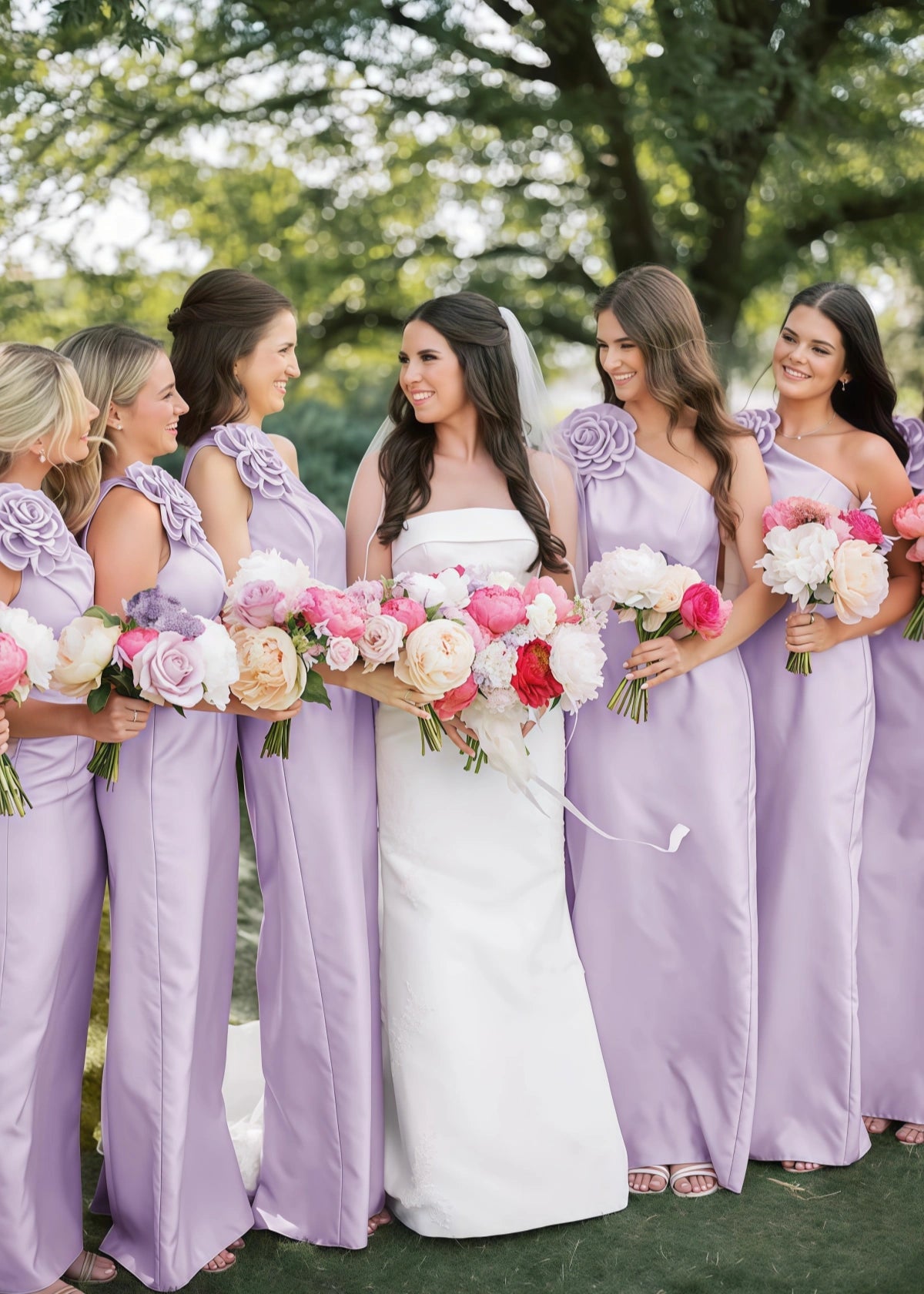 Polly | Sheath Column 3D Flower Light Pink Satin Long Bridesmaid Dress - Lavender - PROMDRESS Club