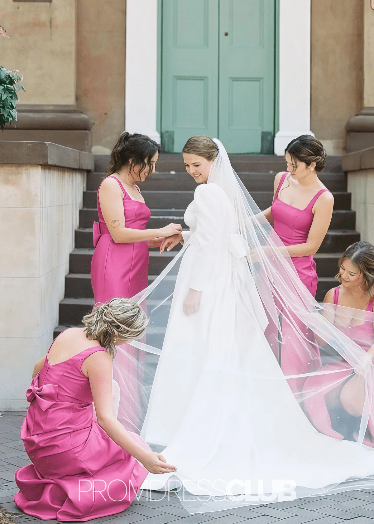 Poppy | Sheath Column Bow Hot Pink Satin Long Bridesmaid Dress - Hot Pink - PROMDRESS Club