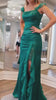 Sheath/Column Emerald Green Square Neck Ruffle Slit Long Prom Dress with Satin PromDressClub