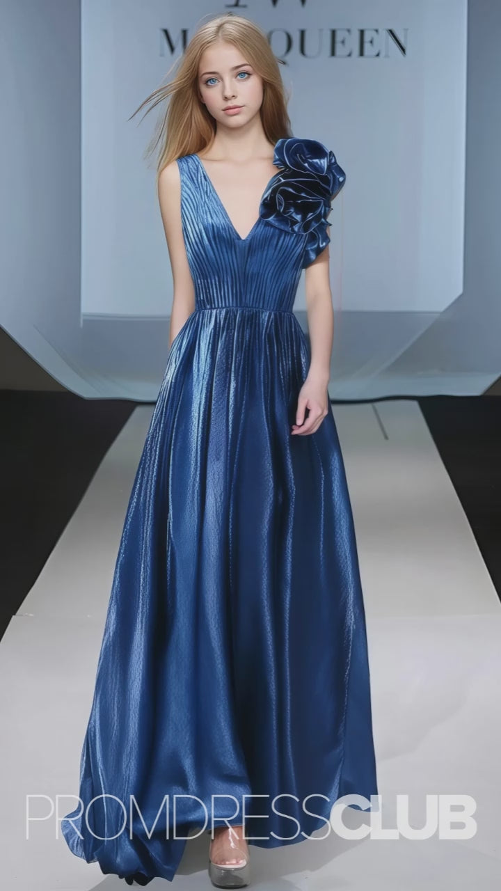 Riva |Long Royal Blue Metallic Prom Dresses Websites With Deep V-neck A-Line 3D Flowers