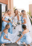 Prima | Sheath Column Bow Pleated Light Blue Satin Long Bridesmaid Dress - Light Blue - PROMDRESS Club