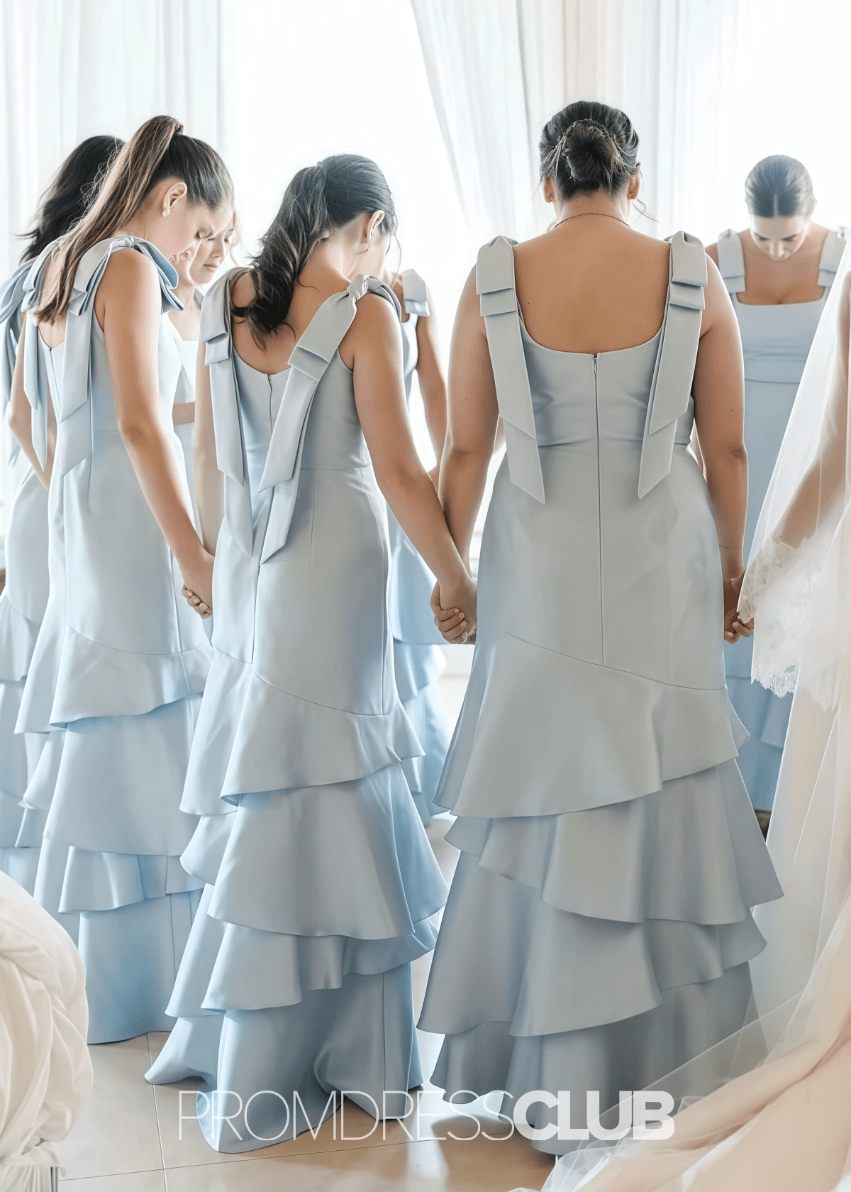 Prudence | Sheath Column Bows Tiered Light Blue Satin Long Bridesmaid Dress - Light Blue - PROMDRESS Club