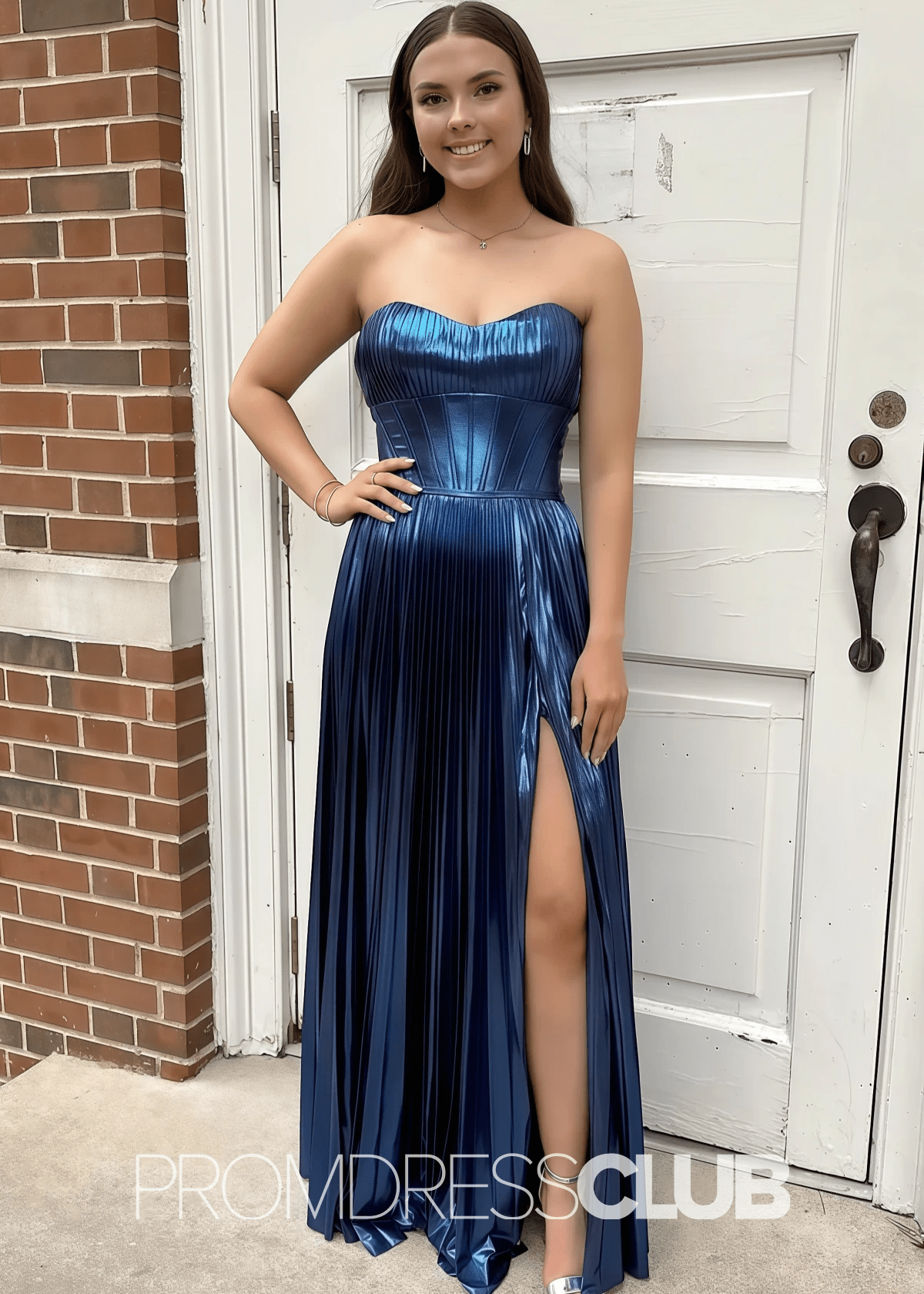 Queena |Navy Blue Metallic Long Prom Dresses Websites With Sweetheart Pleated A - Line Corset Slit - Navy Blue - PromDressClub