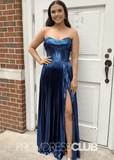 Queena |Navy Blue Metallic Long Prom Dresses Websites With Sweetheart Pleated A - Line Corset Slit - Navy Blue - PromDressClub