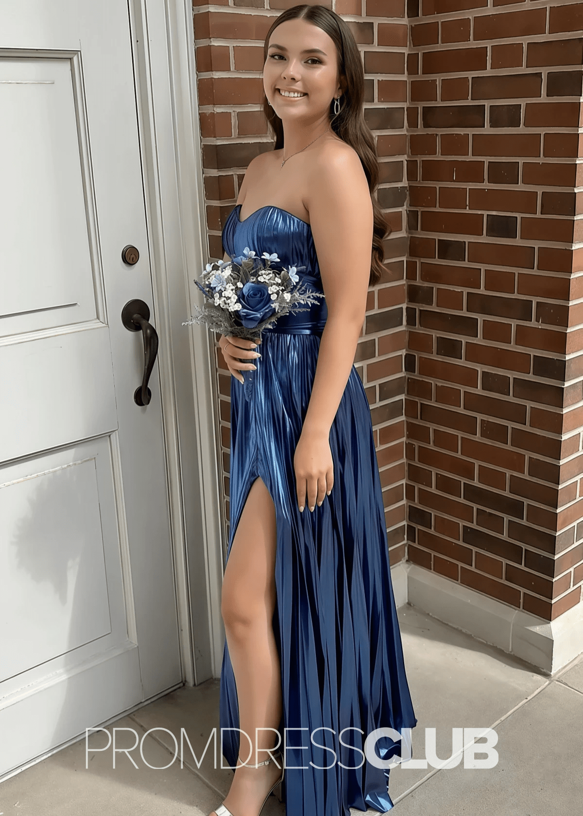 Queena |Navy Blue Metallic Long Prom Dresses Websites With Sweetheart Pleated A - Line Corset Slit - Navy Blue - PromDressClub