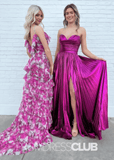 Regina |Fuchsia Metallic Long Prom Dresses Websites With A Line Sweetheart Pleated Slit - Fuchsia - PromDressClub