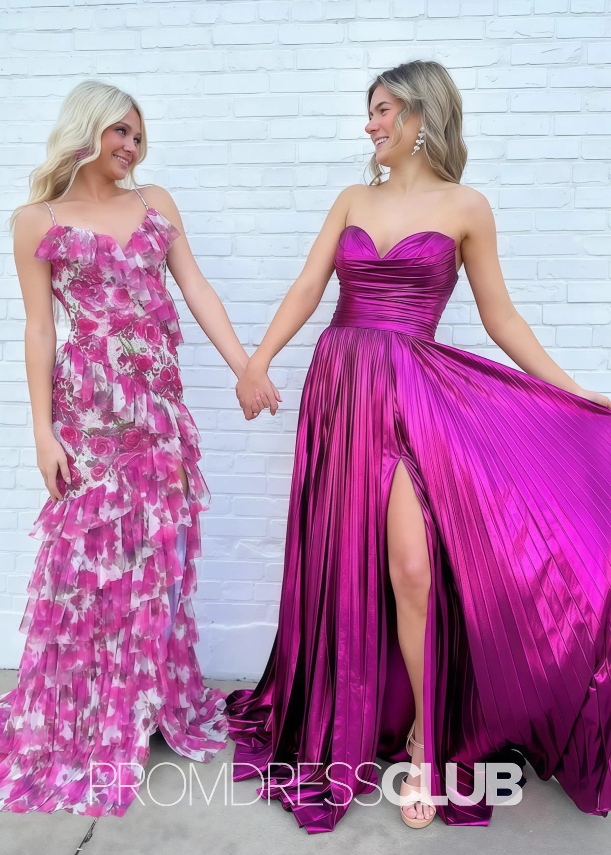 Regina |Fuchsia Metallic Long Prom Dresses Websites With A Line Sweetheart Pleated Slit - Fuchsia - PromDressClub