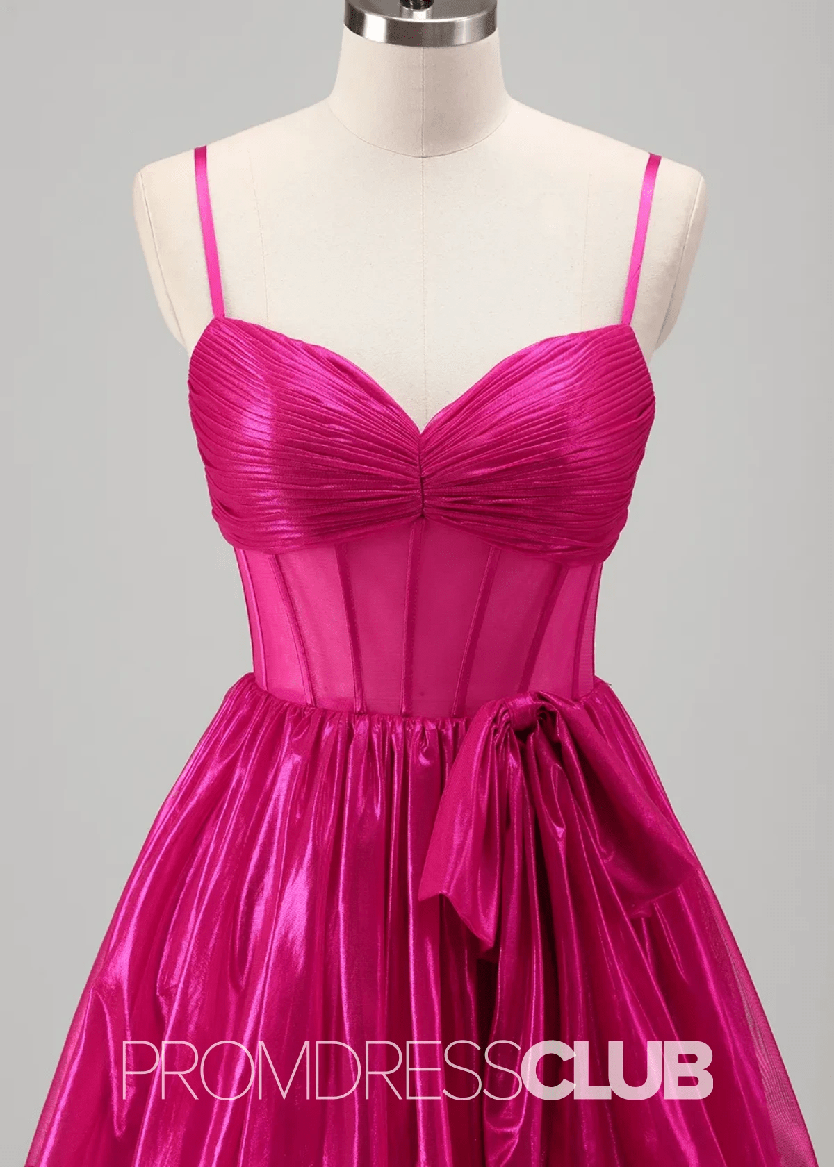 Renata |Long Fuchsia Metallic Prom Dresses Websites With Spaghetti Straps A - Line Tiered Corset Bow - Fuchsia - PromDressClub