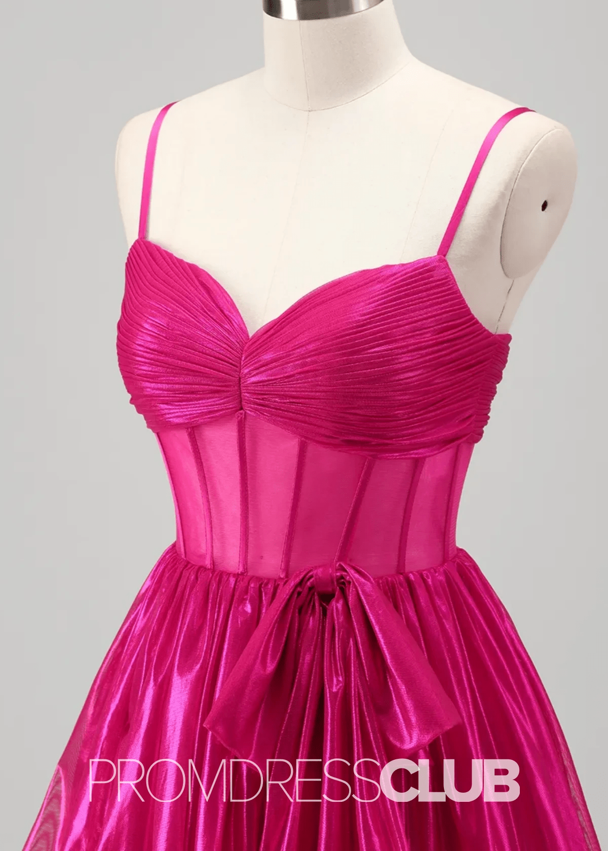 Renata |Long Fuchsia Metallic Prom Dresses Websites With Spaghetti Straps A - Line Tiered Corset Bow - Fuchsia - PromDressClub