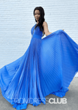 Renee |Long Blue Metallic Prom Dresses Websites With Halter Neck A - Line Pleated Slit - Blue - PromDressClub