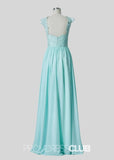 Sabrina | A Line Lace Embroidered Pleated Aqua Blue Tulle Long Bridesmaid Dress - Aqua - PROMDRESS Club