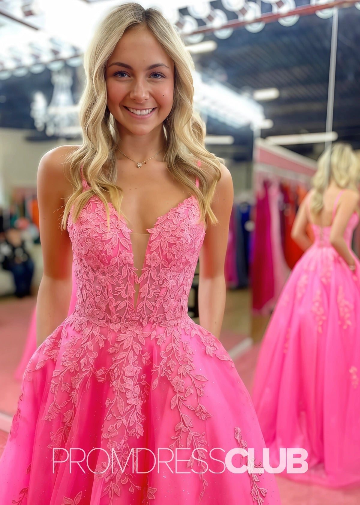 Sally |Hot Pink Long Prom Dresses Stores Near Me With V Neck A Line Lace - Hot Pink - PromDressClub