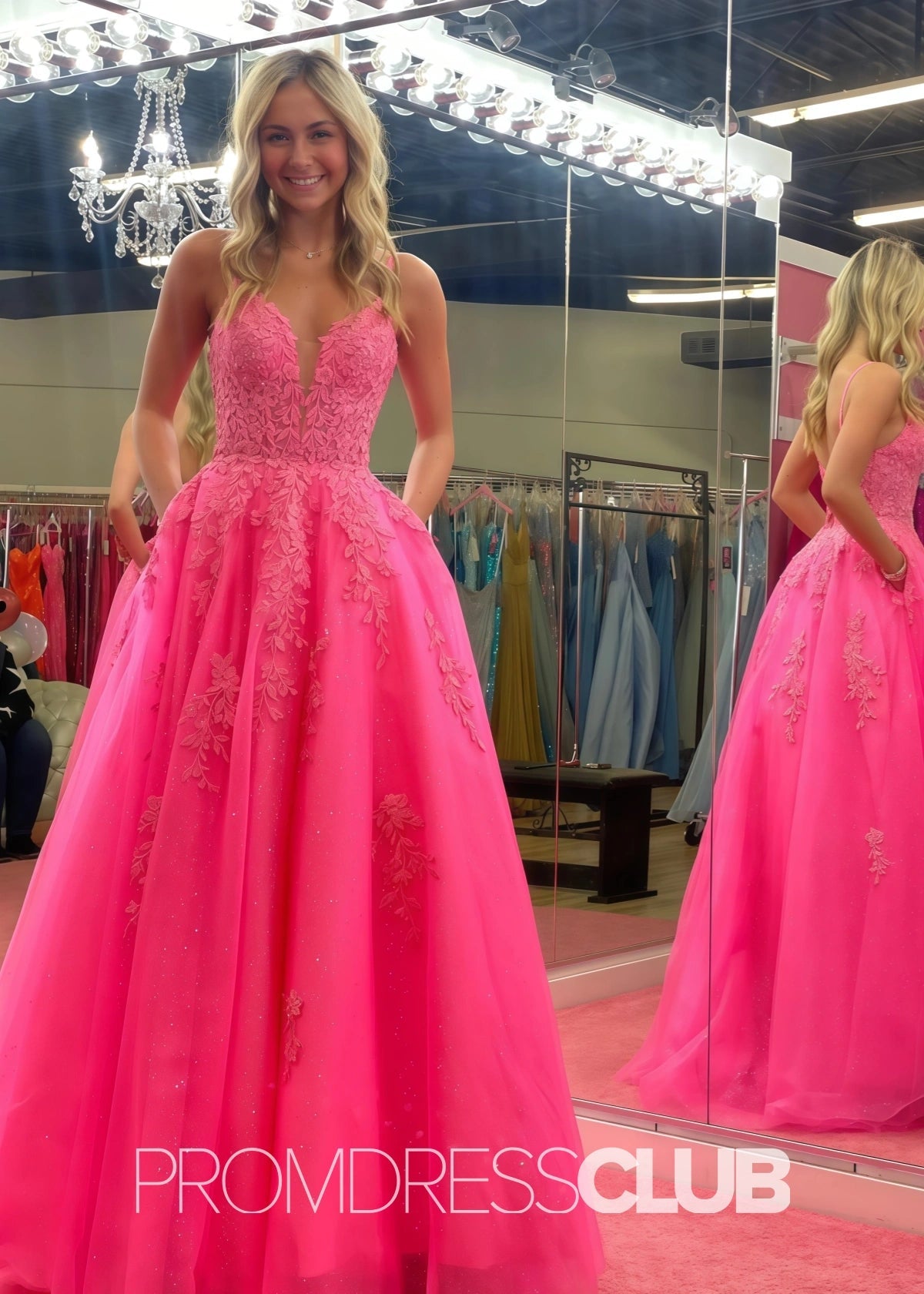 Sally |Hot Pink Long Prom Dresses Stores Near Me With V Neck A Line Lace - Hot Pink - PromDressClub