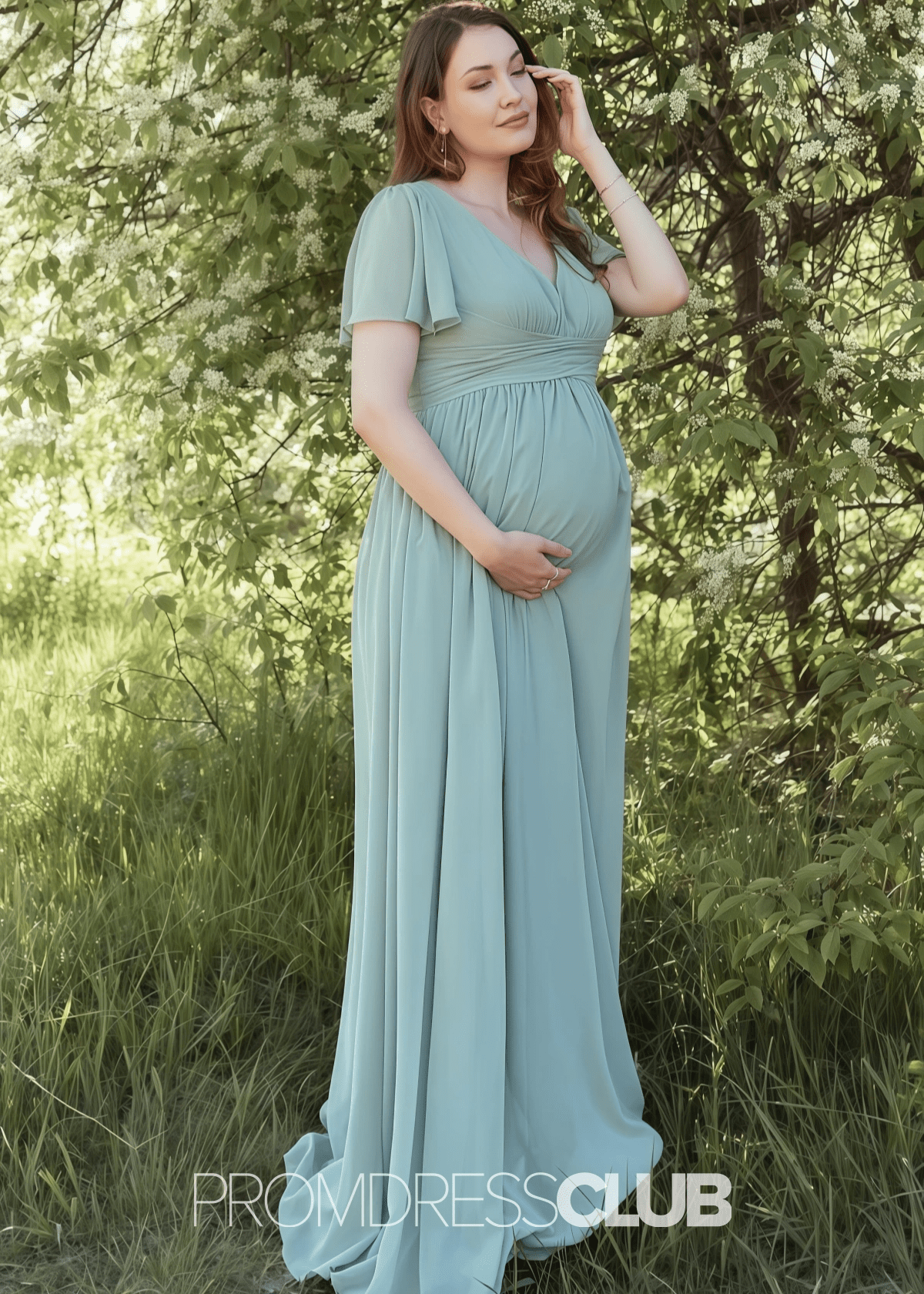 Salome | A Line Maternity Plus Size Sage Green Chiffon Long Bridesmaid Dress - Sage - PROMDRESS Club