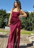 Samantha | Mermaid Cutout Back Ruched Burgundy Satin Long Bridesmaid Dress - Burgundy - PROMDRESS Club