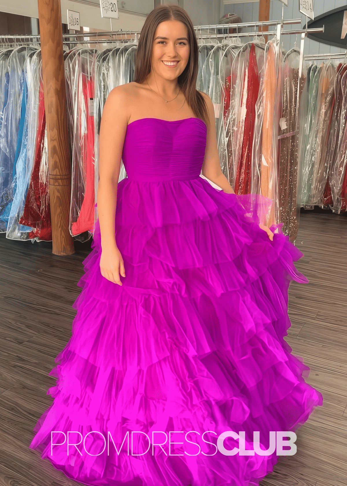 Sandra |Burgundy Long Prom Dresses With A - Line Strapless Tiered Tulle Ruffles - Fuchsia - PromDressClub