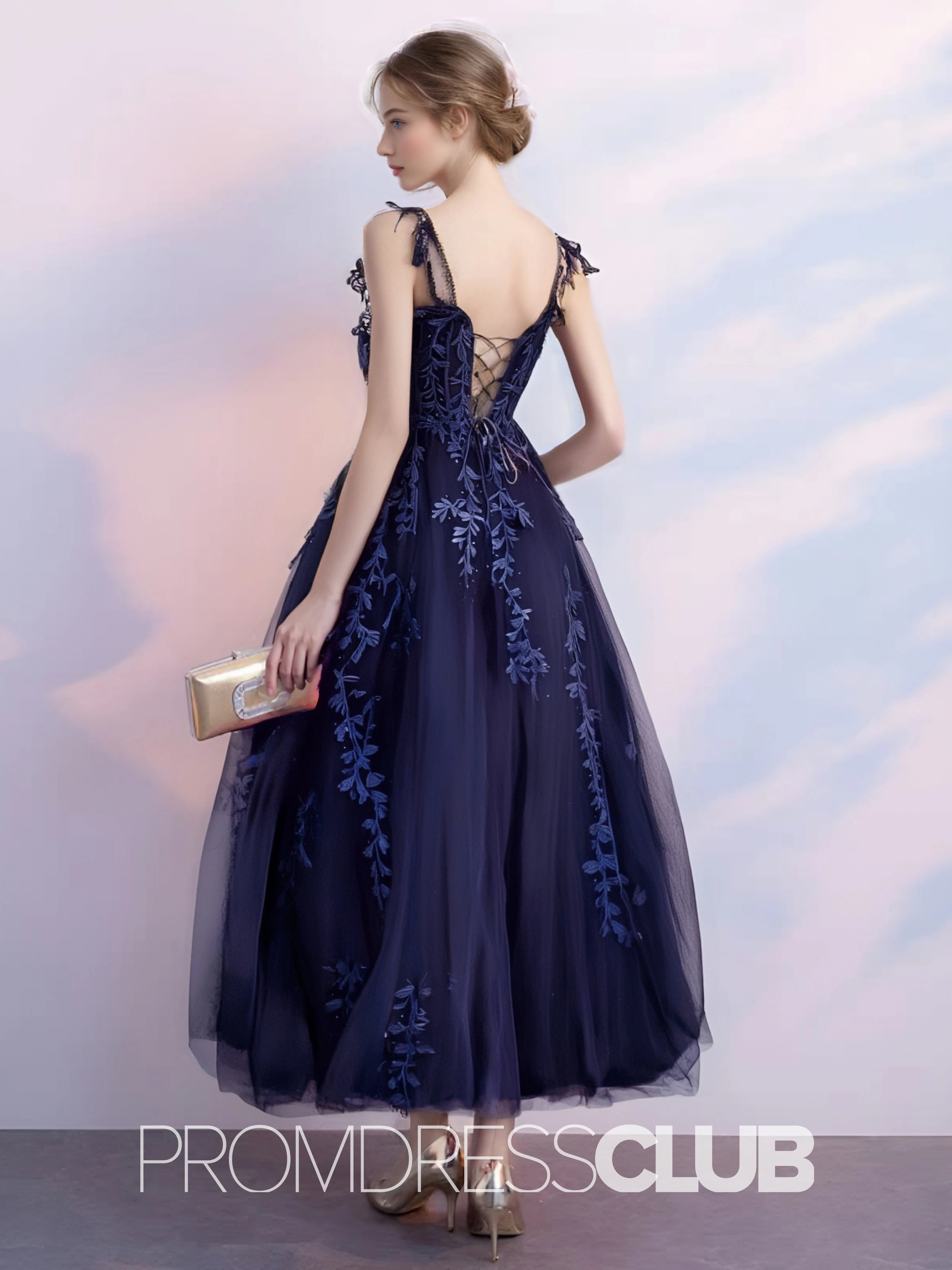 Sara |Navy Blue Long Prom Dresses With A - line Sweetheart Lace Tulle Slit - Navy Blue - PromDressClub