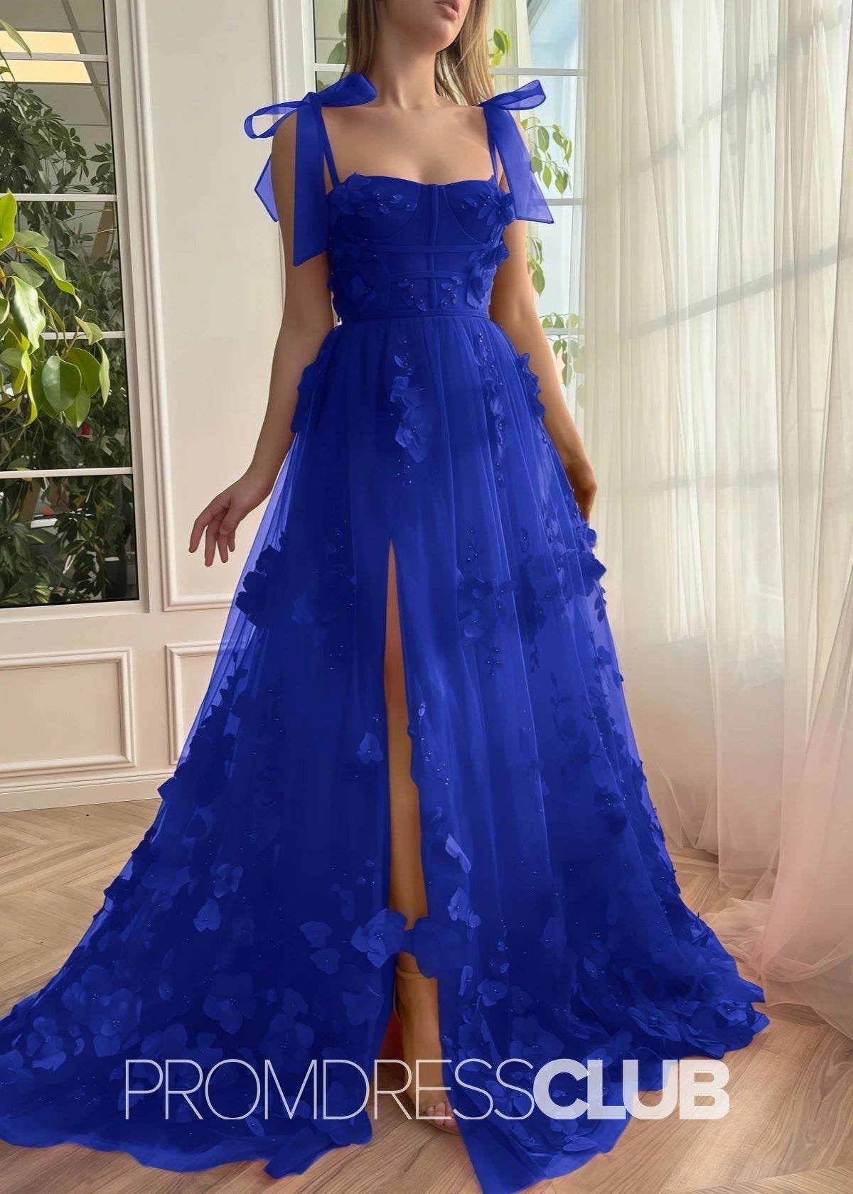 Selena |Red Long Prom Dresses With Scarlet Lace A - line 3D Flower Slit - Royal Blue - PromDressClub