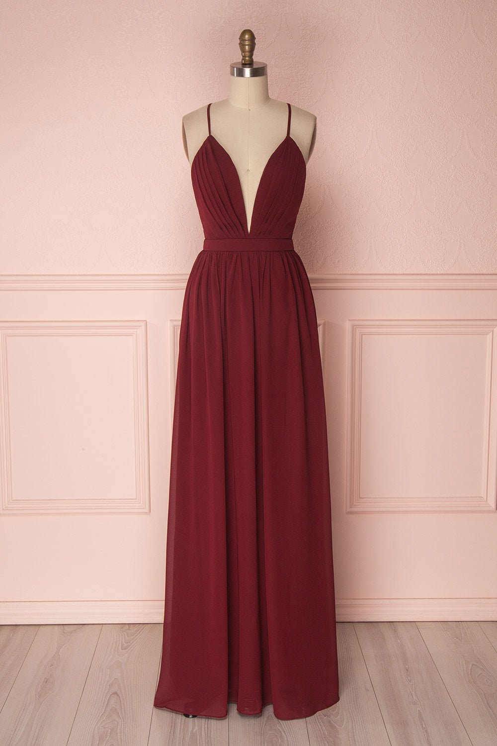 Wallis |Sheath Chiffon Burgundy Bridesmaid Dress Long V Neck - Burgundy - US0 - PromDressClub