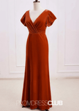 Sheila | A Line Surplice Backless Rust Orange Velvet Maxi Bridesmaid Dress - Bronzer - PROMDRESS Club