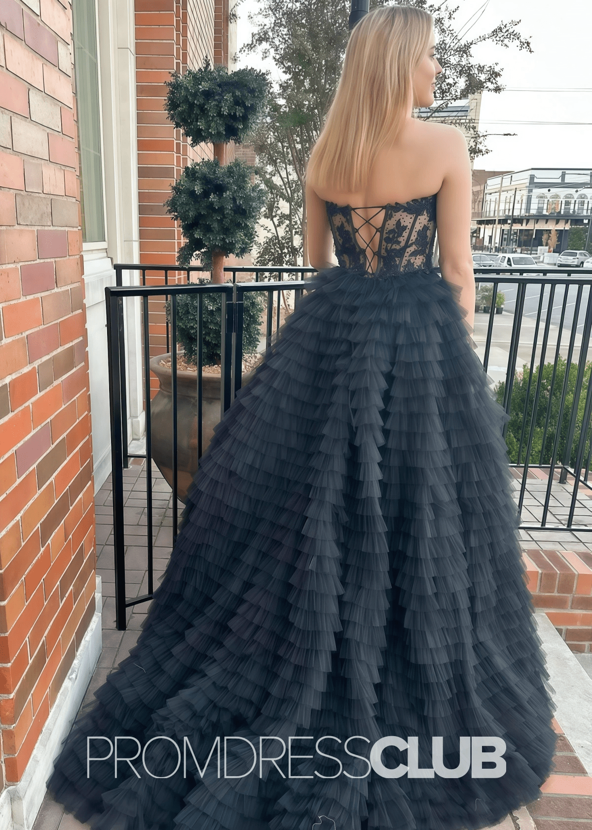 Sheila |Black Long Prom Dresses With A - line Strapless Multi - Layers Tulle Slit - Black - PromDressClub