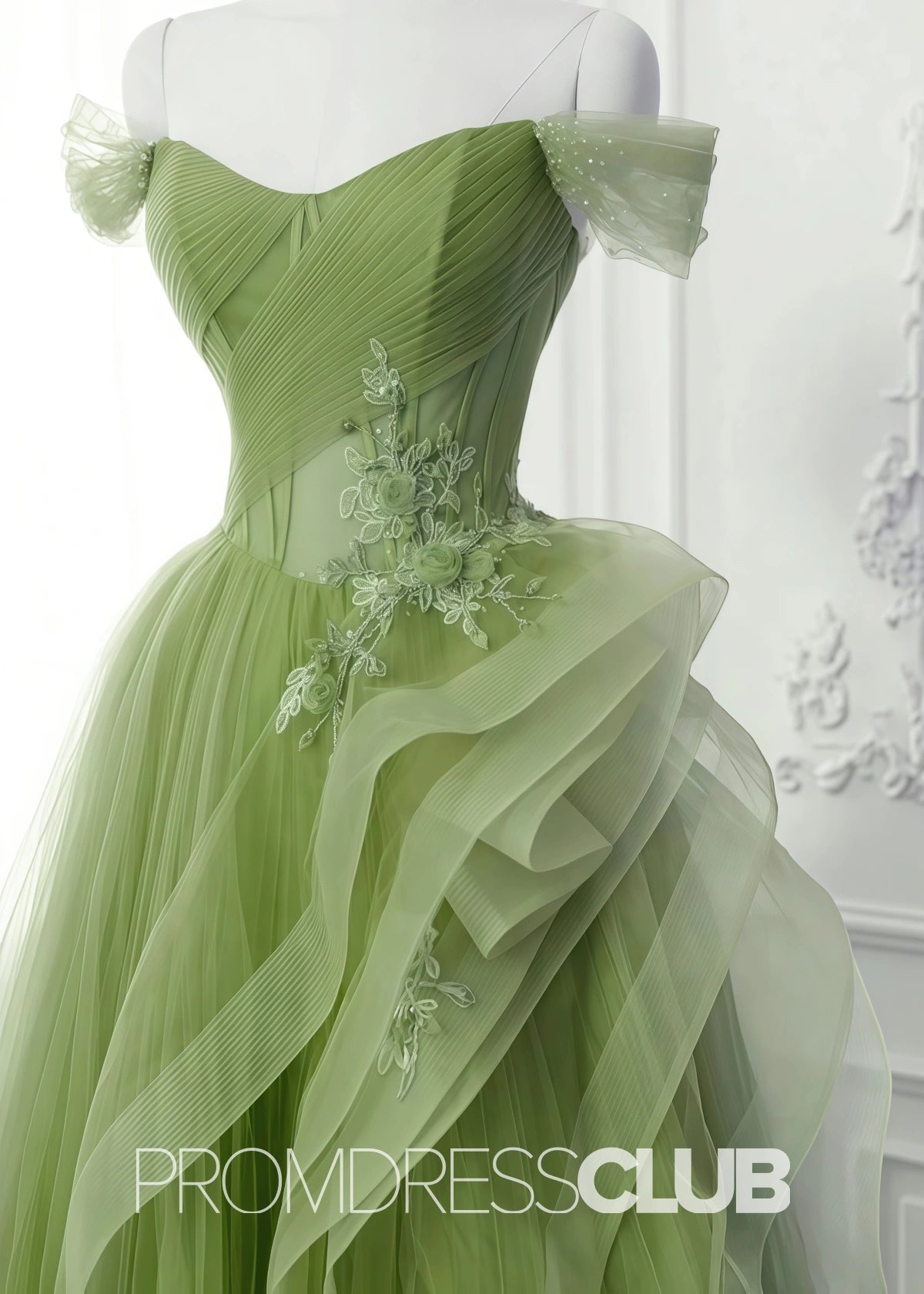 Sibyl |Green Lace Long Prom Dresses With A - Line Off Shoulder - Green - PromDressClub