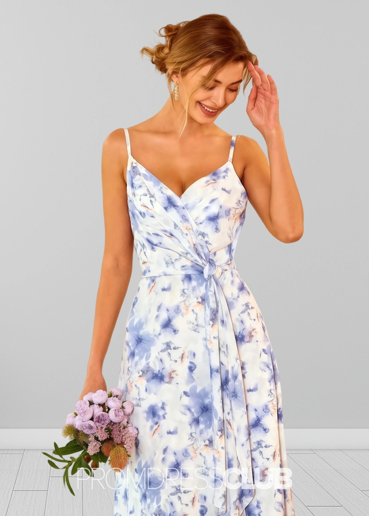 Sigrid | White Blue Floral Print Spaghetti Straps Chiffon Long Bridesmaid Dress - Blue Floral - PROMDRESS Club