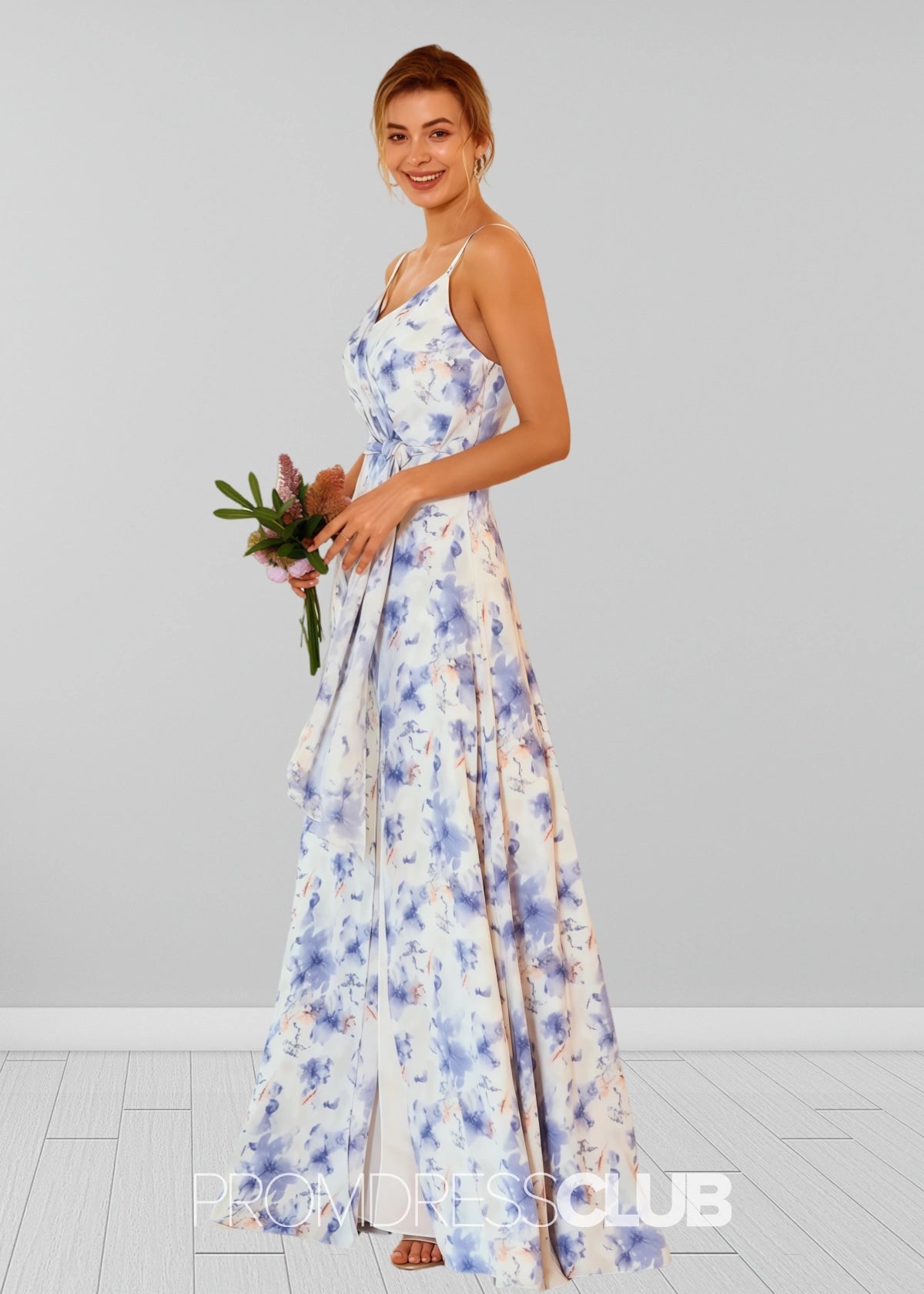 Sigrid | White Blue Floral Print Spaghetti Straps Chiffon Long Bridesmaid Dress - Blue Floral - PROMDRESS Club