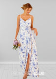 Sigrid | White Blue Floral Print Spaghetti Straps Chiffon Long Bridesmaid Dress - Blue Floral - PROMDRESS Club