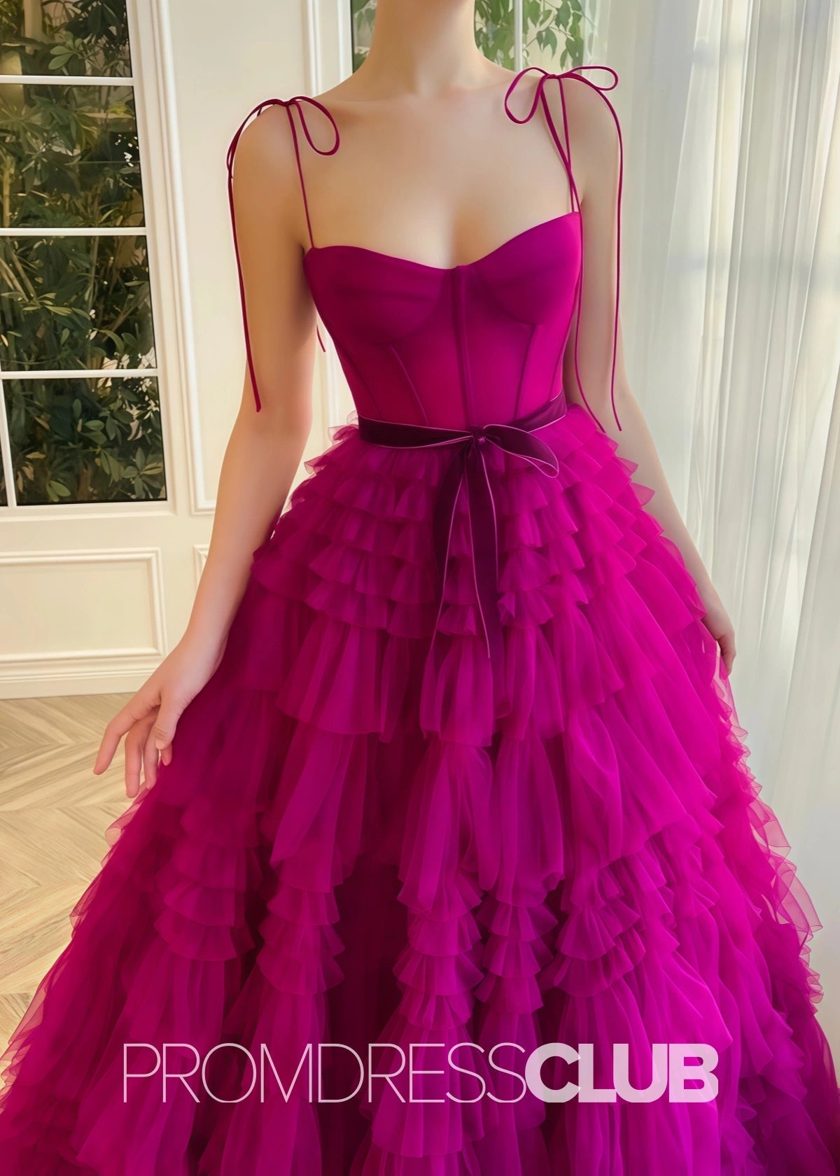 Simona |Fuchsia Tulle Long Formal Dresses With A Line Strapless Tiered Ruffled - Fuchsia - PromDressClub