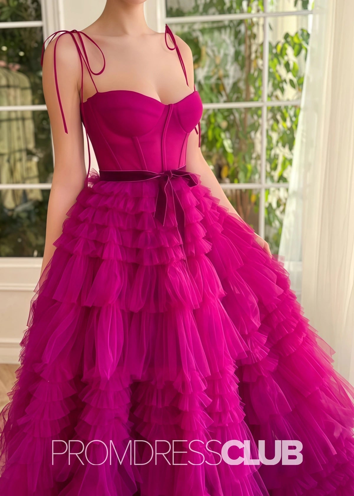 Simona |Fuchsia Tulle Long Formal Dresses With A Line Strapless Tiered Ruffled - Fuchsia - PromDressClub