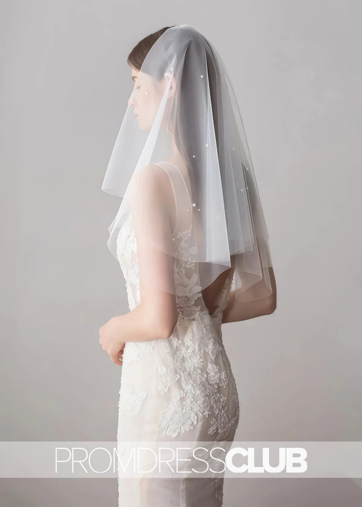 Simple Ivory Tulle Wedding Veil With Waist Length Pearls - Ivory - PromDressClub