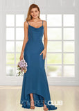 Sophia | A Line High - low Ink Blue Chiffon Long Bridesmaid Dress - Ink Blue - PROMDRESS Club