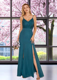 Spring | A Line Lace Embroider Ink Blue Chiffon Long Bridesmaid Dress with Slit - Ink Blue - PROMDRESS Club