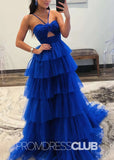 Spring |Blue Tulle Print Long Prom Dresses With A Line Halter Keyhole Ruffle Tiered - Royal Blue - PromDressClub