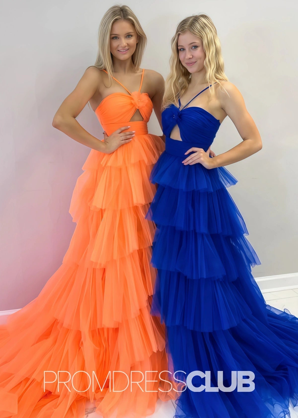 Spring |Blue Tulle Print Long Prom Dresses With A Line Halter Keyhole Ruffle Tiered - Orange - PromDressClub