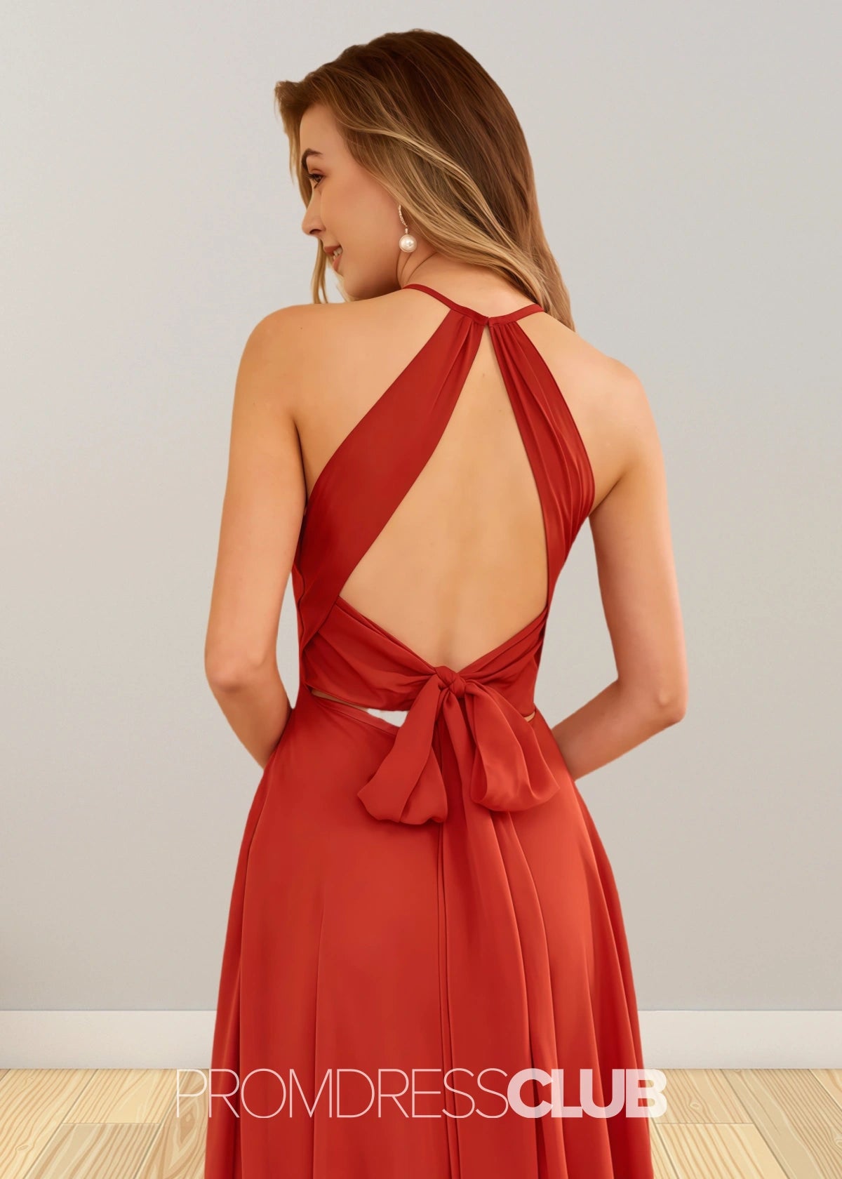 Stacey | Rust Brown A Line Chiffon Maxi Bridesmaid Dress with Slit - Rust - PROMDRESS Club