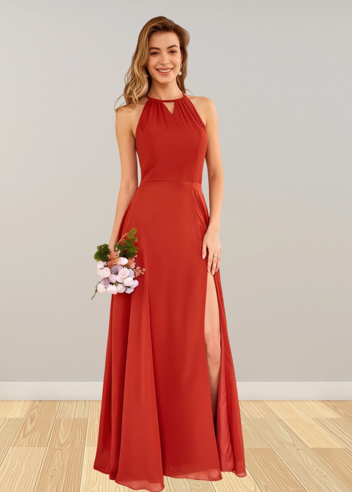 Stacey | Rust Brown A Line Chiffon Maxi Bridesmaid Dress with Slit - Rust - PROMDRESS Club