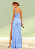 Tabitha | Sheath Column Blue Satin Long Bridesmaid Dress with Slit - Blue - PROMDRESS Club