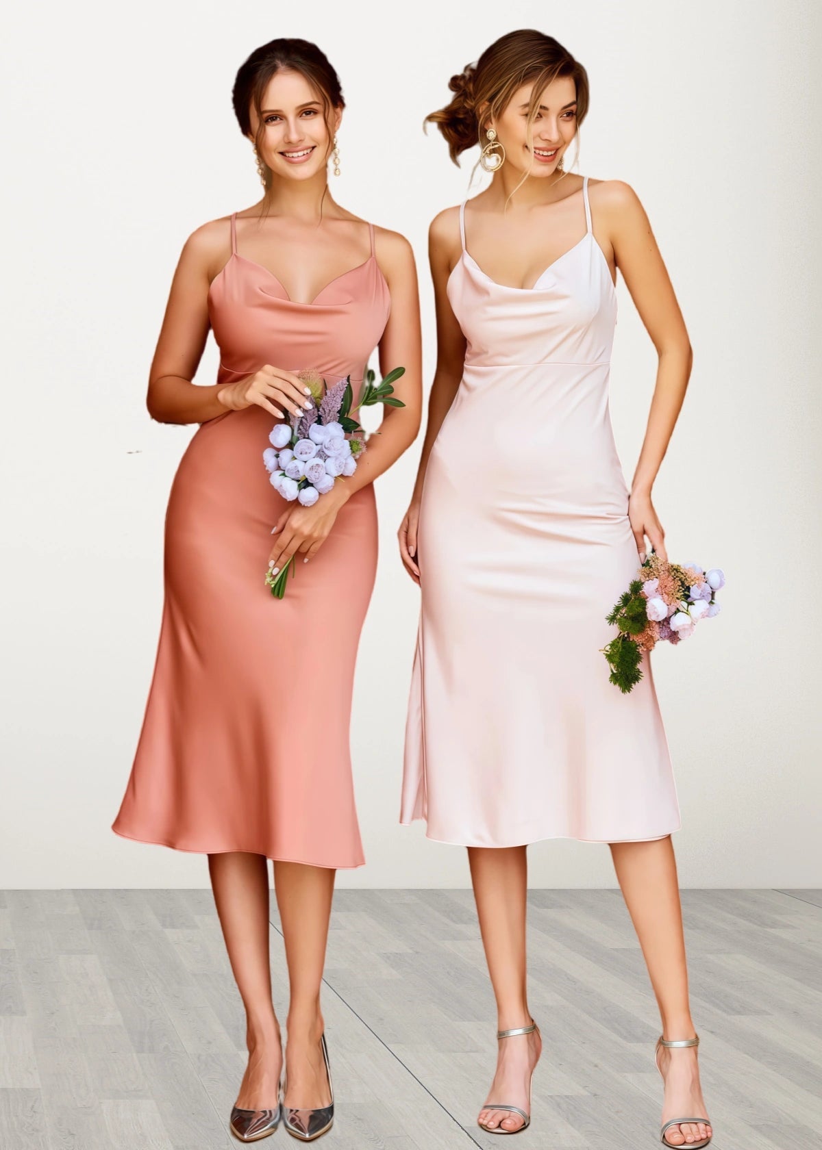 Thera | Sheath Column Slip Rose Satin Midi Bridesmaid Dress with Spaghetti Straps - Light Pink - PROMDRESS Club