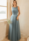 Tiffany | A Line Lace Embroider Grey Blue Tulle Maxi Bridesmaid Dress - Grey Blue - PROMDRESS Club