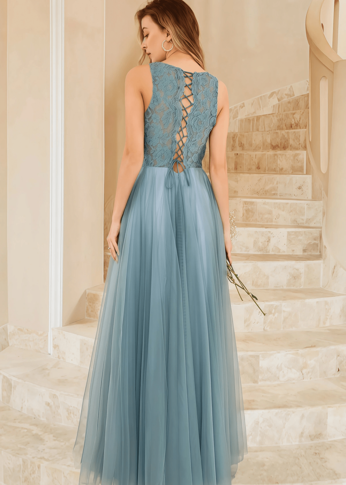 Tiffany | A Line Lace Embroider Grey Blue Tulle Maxi Bridesmaid Dress - Grey Blue - PROMDRESS Club